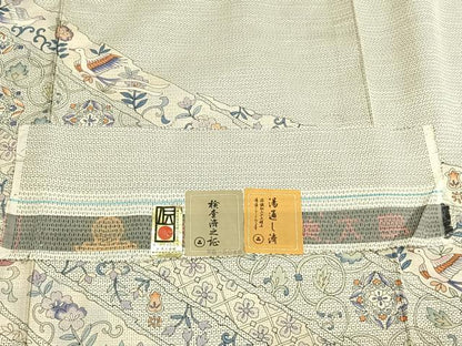平和屋着物▽本場大島紬 訪問着 単衣 白大島 100亀甲 花鳥文 反端付き 正絹 逸品 AABA7721fy
