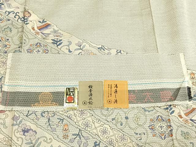 平和屋着物▽本場大島紬 訪問着 単衣 白大島 100亀甲 花鳥文 反端付き 正絹 逸品 AABA7721fy