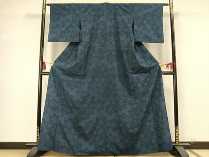 平和屋着物▽本塩沢　単衣　亀甲文様　正絹　逸品　AABA7722fy