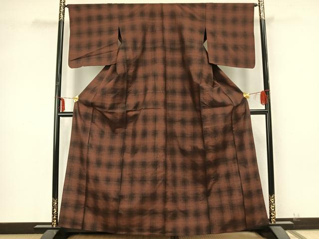 平和屋着物▽上質な紬 単衣 格子 正絹 逸品 AABA7727fy