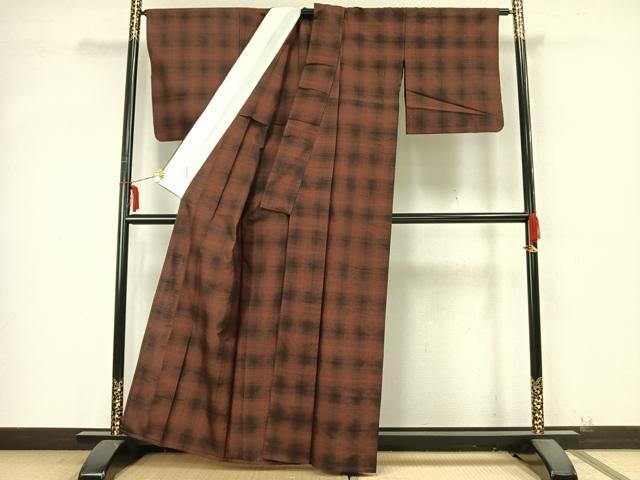 平和屋着物▽上質な紬 単衣 格子 正絹 逸品 AABA7727fy