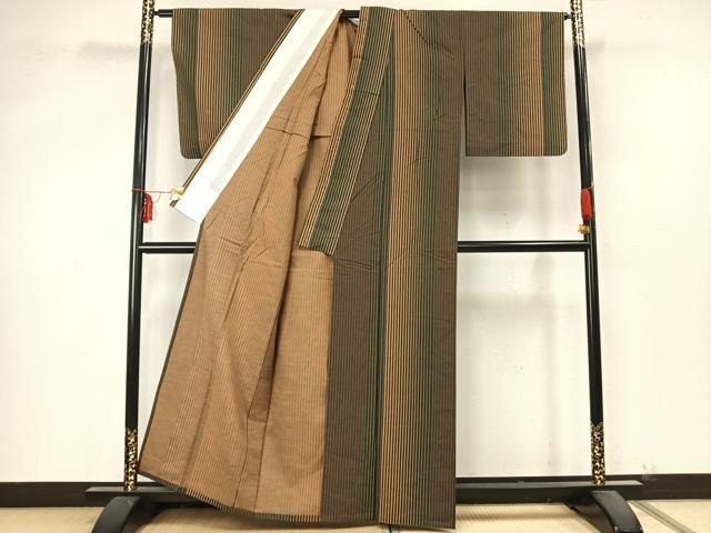 平和屋着物▽上質な紬 単衣 縞 正絹 逸品 AABA7735fy