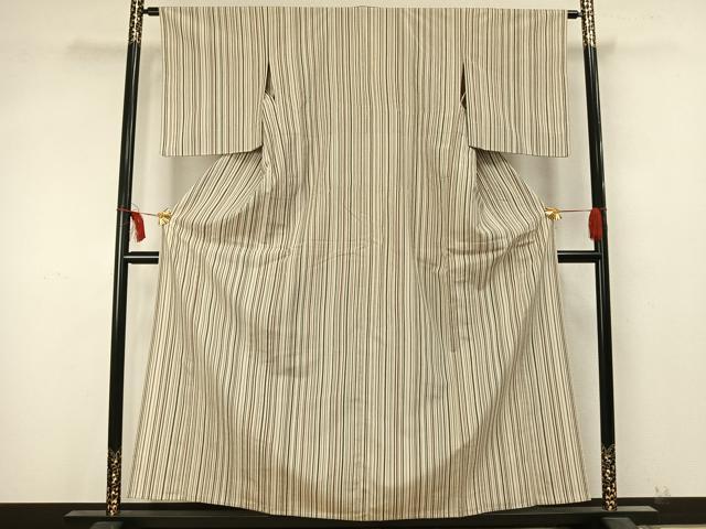 平和屋着物▽本塩沢 単衣 縞 正絹 逸品 AABA7739fy
