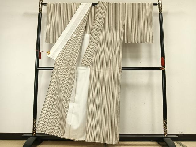 平和屋着物▽本塩沢 単衣 縞 正絹 逸品 AABA7739fy
