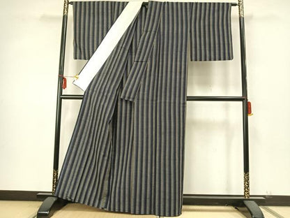 平和屋着物▽上質な紬 単衣 縞 正絹 逸品 AABA7740fy