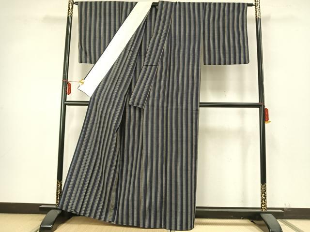 平和屋着物▽上質な紬 単衣 縞 正絹 逸品 AABA7740fy