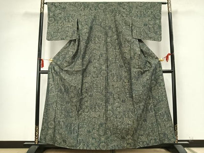 平和屋着物▽上質な紬　単衣　草花文　正絹　逸品　AABA7742fy