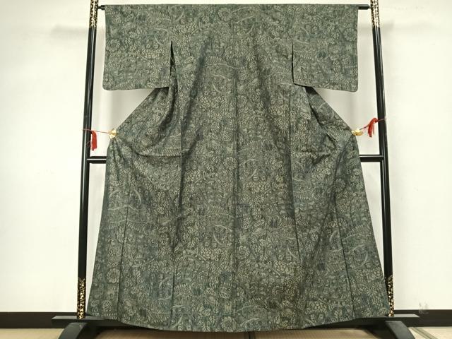 平和屋着物▽上質な紬　単衣　草花文　正絹　逸品　AABA7742fy