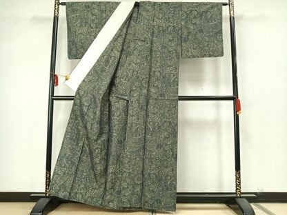 平和屋着物▽上質な紬　単衣　草花文　正絹　逸品　AABA7742fy