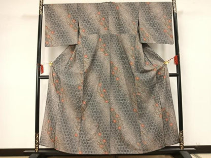 平和屋着物▽上質な紬 単衣 草花文 反端付き 正絹 逸品 AABA7746fy