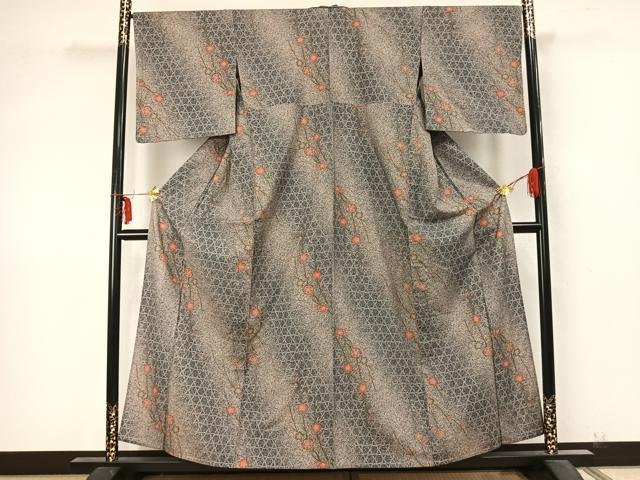 平和屋着物▽上質な紬 単衣 草花文 反端付き 正絹 逸品 AABA7746fy
