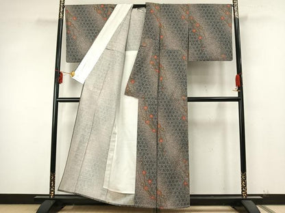 平和屋着物▽上質な紬 単衣 草花文 反端付き 正絹 逸品 AABA7746fy
