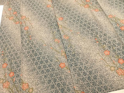 平和屋着物▽上質な紬 単衣 草花文 反端付き 正絹 逸品 AABA7746fy