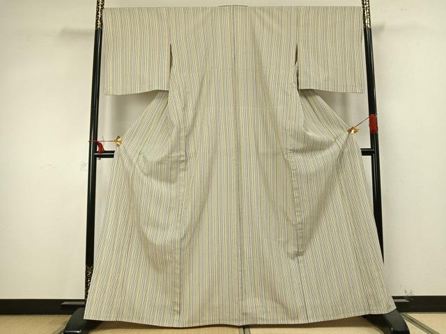 平和屋着物▽お召 単衣 縞 正絹 逸品 AABA7756fy