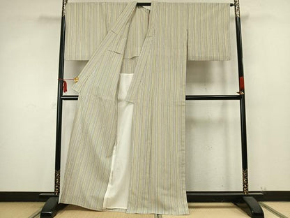平和屋着物▽お召 単衣 縞 正絹 逸品 AABA7756fy
