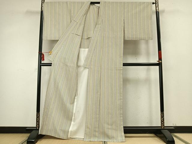 平和屋着物▽お召 単衣 縞 正絹 逸品 AABA7756fy