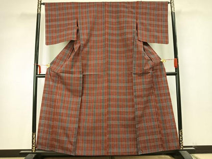 平和屋着物▽上質な紬 単衣 格子 正絹 逸品 未使用 AABA7757fy