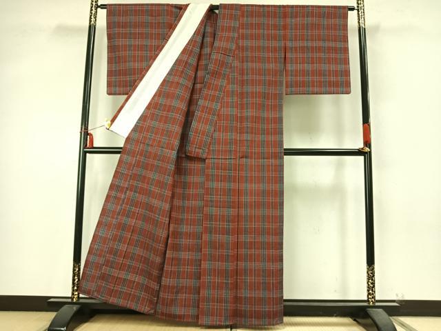 平和屋着物▽上質な紬 単衣 格子 正絹 逸品 未使用 AABA7757fy