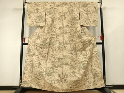 平和屋着物▽上質な紬 単衣 風景草花文 正絹 逸品 AABA7760fy