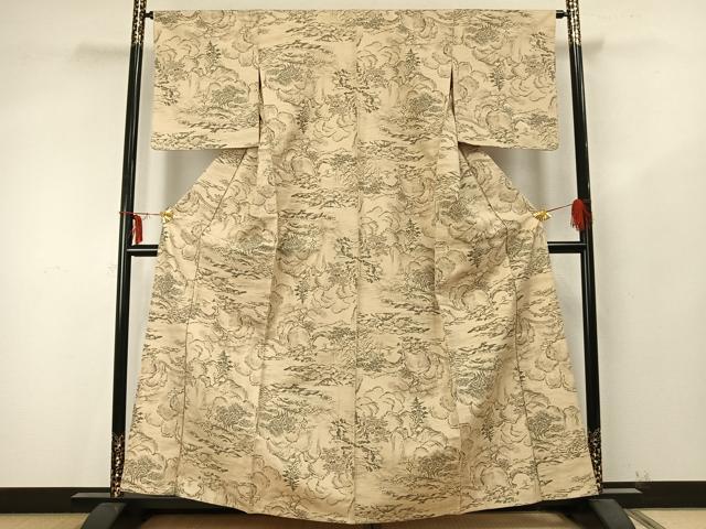 平和屋着物▽上質な紬 単衣 風景草花文 正絹 逸品 AABA7760fy
