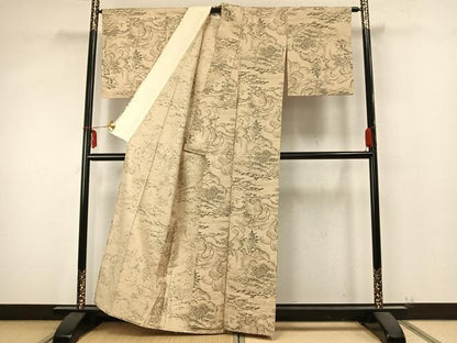 平和屋着物▽上質な紬 単衣 風景草花文 正絹 逸品 AABA7760fy