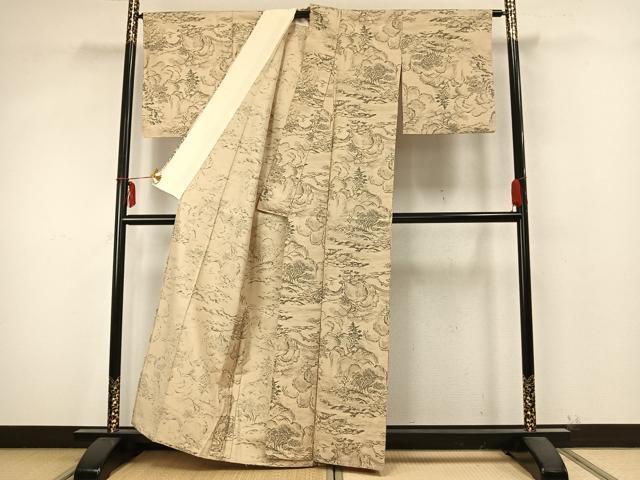 平和屋着物▽上質な紬 単衣 風景草花文 正絹 逸品 AABA7760fy