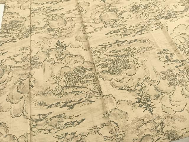 平和屋着物▽上質な紬 単衣 風景草花文 正絹 逸品 AABA7760fy