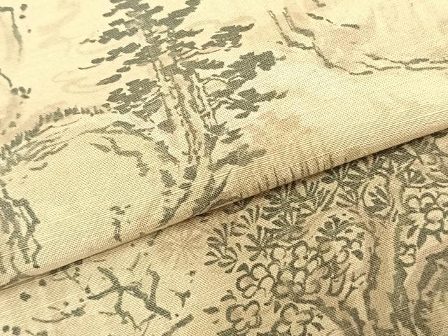 平和屋着物▽上質な紬 単衣 風景草花文 正絹 逸品 AABA7760fy