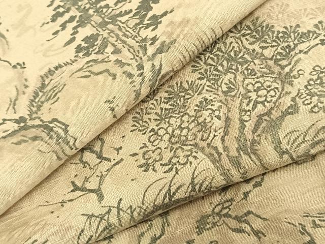 平和屋着物▽上質な紬 単衣 風景草花文 正絹 逸品 AABA7760fy