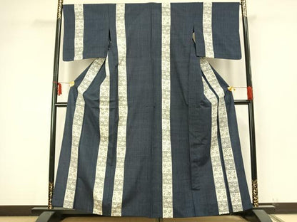 平和屋着物▽上質な紬 単衣 花唐草間道 正絹 逸品 AABA7767fy