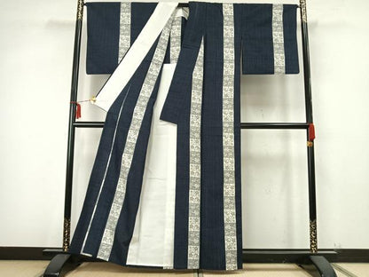 平和屋着物▽上質な紬 単衣 花唐草間道 正絹 逸品 AABA7767fy