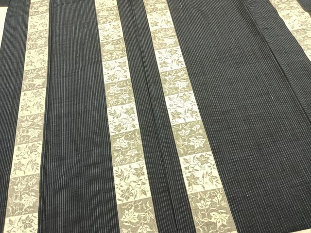 平和屋着物▽上質な紬 単衣 花唐草間道 正絹 逸品 AABA7767fy