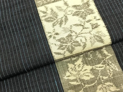 平和屋着物▽上質な紬 単衣 花唐草間道 正絹 逸品 AABA7767fy