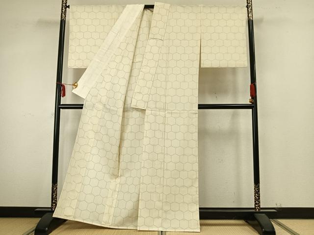 平和屋着物▽本塩沢 単衣 亀甲文様 正絹 逸品 AABA7771fy