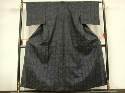 平和屋着物▽結城紬　単衣　幾何学文様　正絹　逸品　AABA7776fy