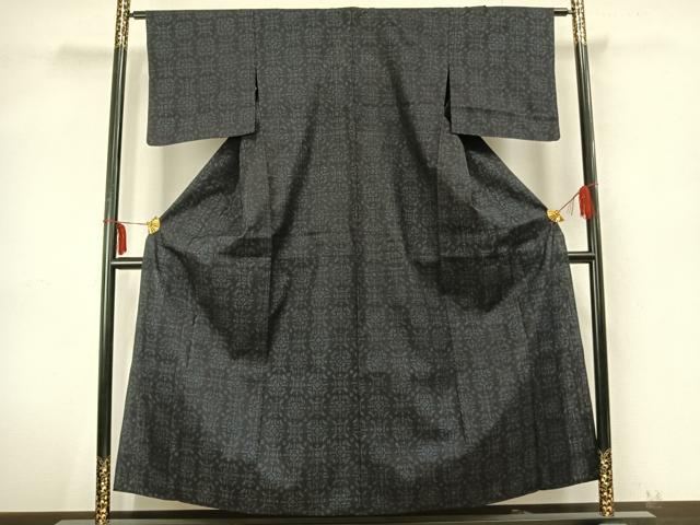 平和屋着物▽結城紬　単衣　幾何学文様　正絹　逸品　AABA7776fy