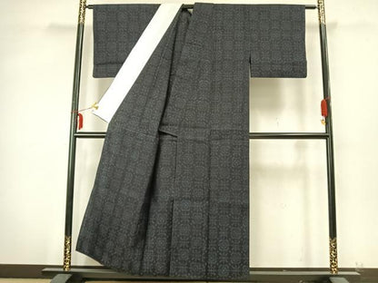 平和屋着物▽結城紬　単衣　幾何学文様　正絹　逸品　AABA7776fy