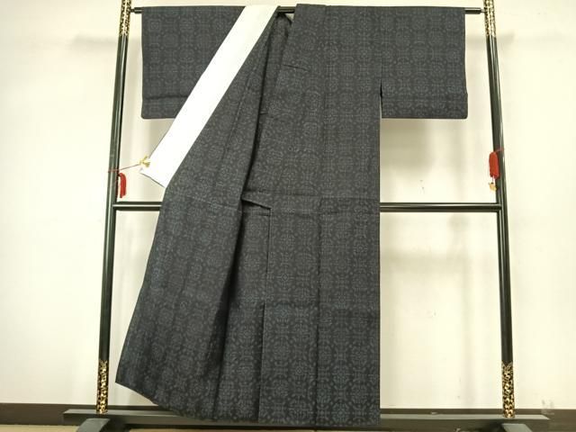 平和屋着物▽結城紬　単衣　幾何学文様　正絹　逸品　AABA7776fy