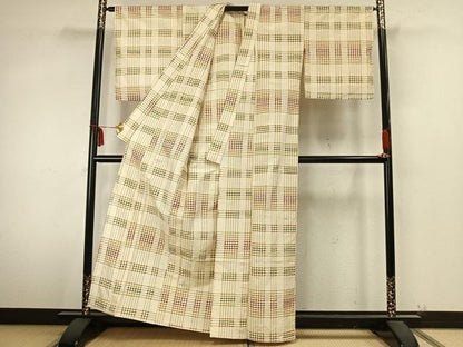 平和屋着物▽上質な紬 単衣 幾何学文様 正絹 逸品 AABA7781fy