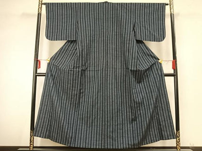 平和屋着物▽上質な紬 単衣 縞 正絹 逸品 AABA7782fy