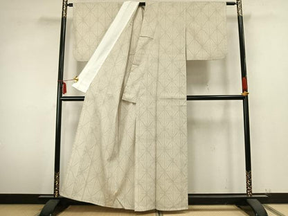 平和屋着物▽本塩沢 単衣 110亀甲 幾何学文様 正絹 逸品 AABA7786fy