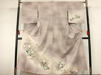 平和屋着物▽訪問着　単衣　紬地　手描き　草花文　金彩　正絹　逸品　AABA7790fy