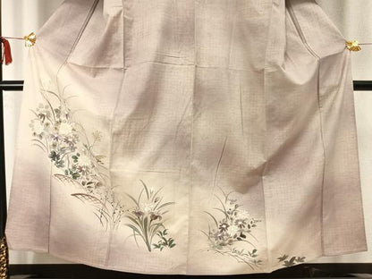 平和屋着物▽訪問着　単衣　紬地　手描き　草花文　金彩　正絹　逸品　AABA7790fy