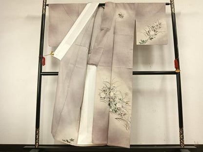 平和屋着物▽訪問着　単衣　紬地　手描き　草花文　金彩　正絹　逸品　AABA7790fy