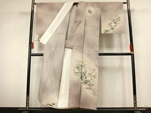 平和屋着物▽訪問着　単衣　紬地　手描き　草花文　金彩　正絹　逸品　AABA7790fy