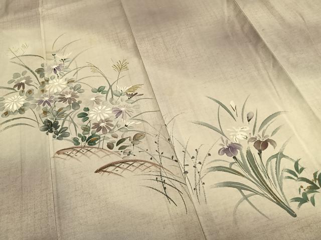 平和屋着物▽訪問着　単衣　紬地　手描き　草花文　金彩　正絹　逸品　AABA7790fy