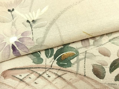 平和屋着物▽訪問着　単衣　紬地　手描き　草花文　金彩　正絹　逸品　AABA7790fy