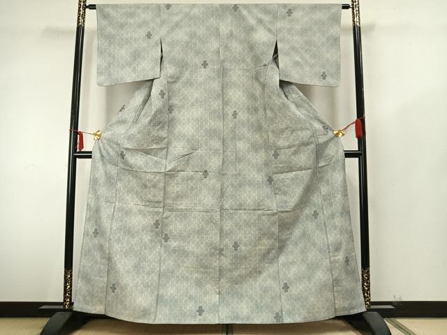 平和屋着物▽結城紬　単衣　幾何学文様　正絹　逸品　AABA7792fy
