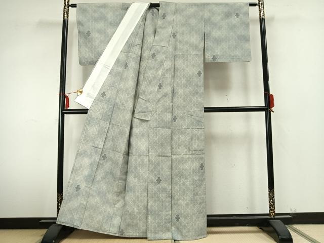 平和屋着物▽結城紬　単衣　幾何学文様　正絹　逸品　AABA7792fy