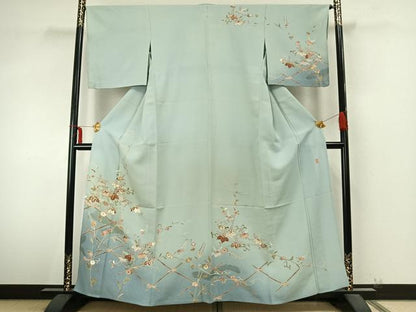 平和屋着物▽結城紬 単衣 作家物 花唐草文 金糸 金彩 正絹 逸品 AABA7793fy